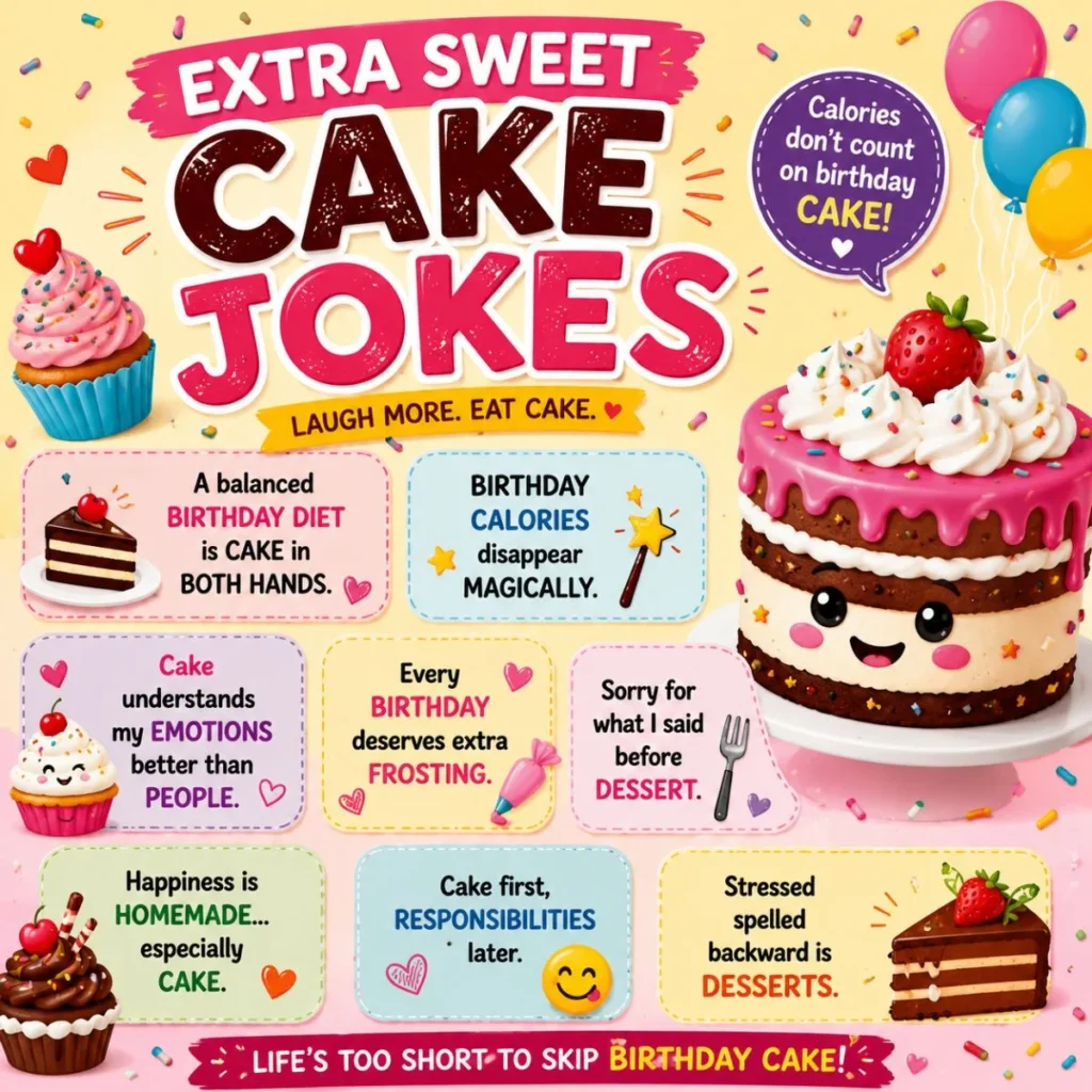 Extra sweet cake jokes poster with birthday cake, cupcakes, balloons, and funny dessert-themed birthday quotes