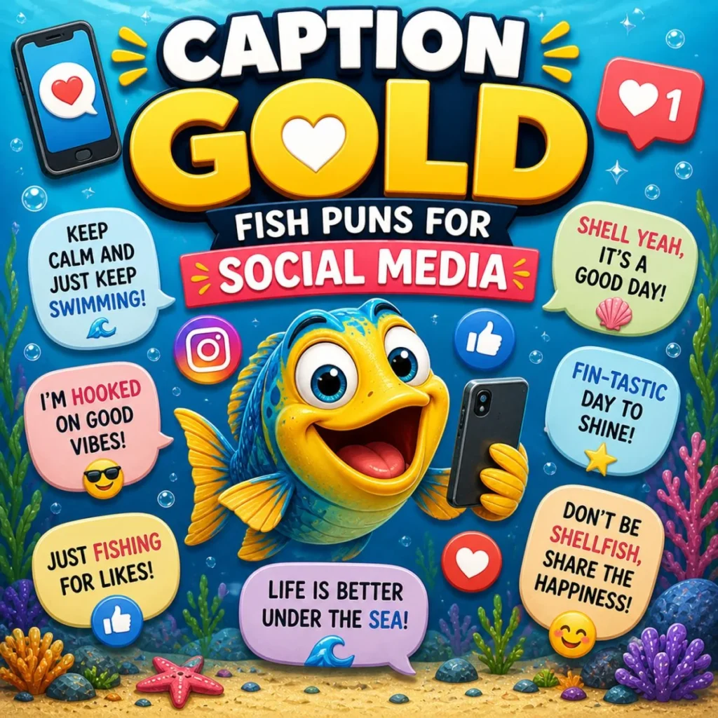 Cartoon fish holding phone with fish puns captions for social media like “I’m hooked on good vibes” in colorful ocean scene