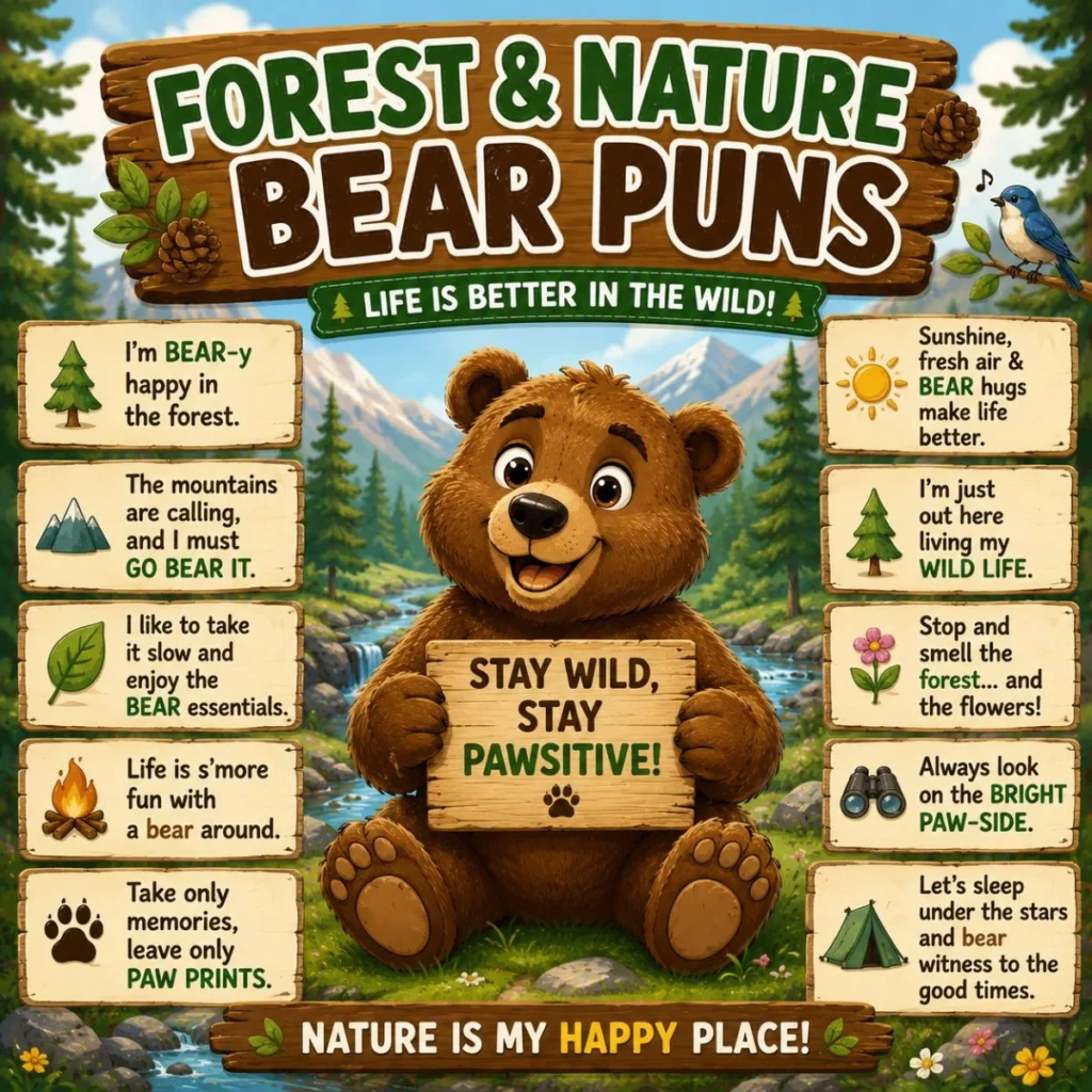 Cute forest bear puns poster with cartoon bear, woodland quotes, mountains, river, and nature humor