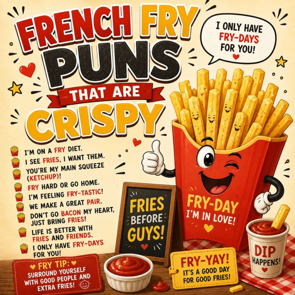 Funny French fry puns poster with cartoon fries, ketchup dip, and crispy fast food humor design