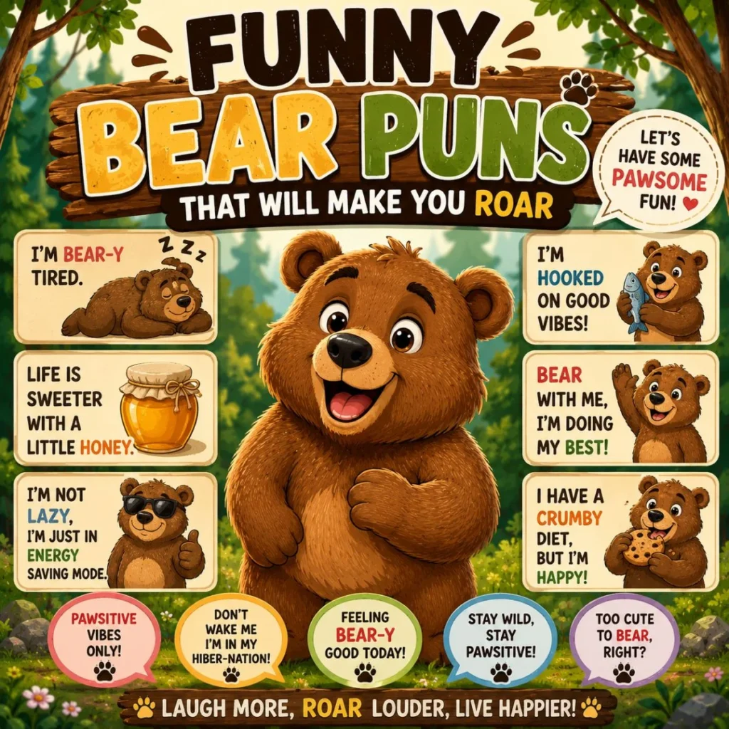 Funny cartoon bear poster with hilarious bear puns and colorful wordplay jokes in a forest setting
