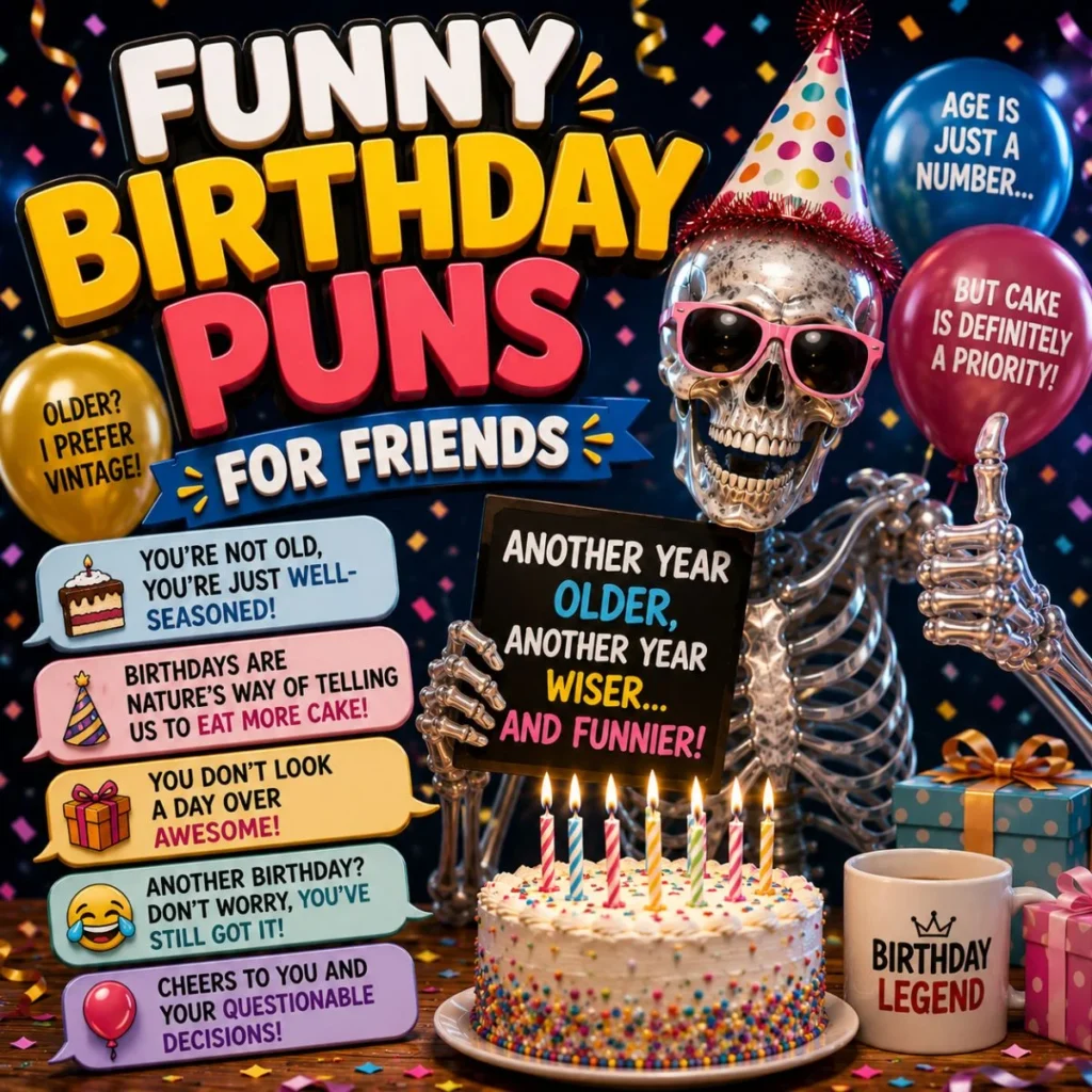 Funny birthday puns poster with skeleton, birthday cake, balloons, and colorful party decorations for friends