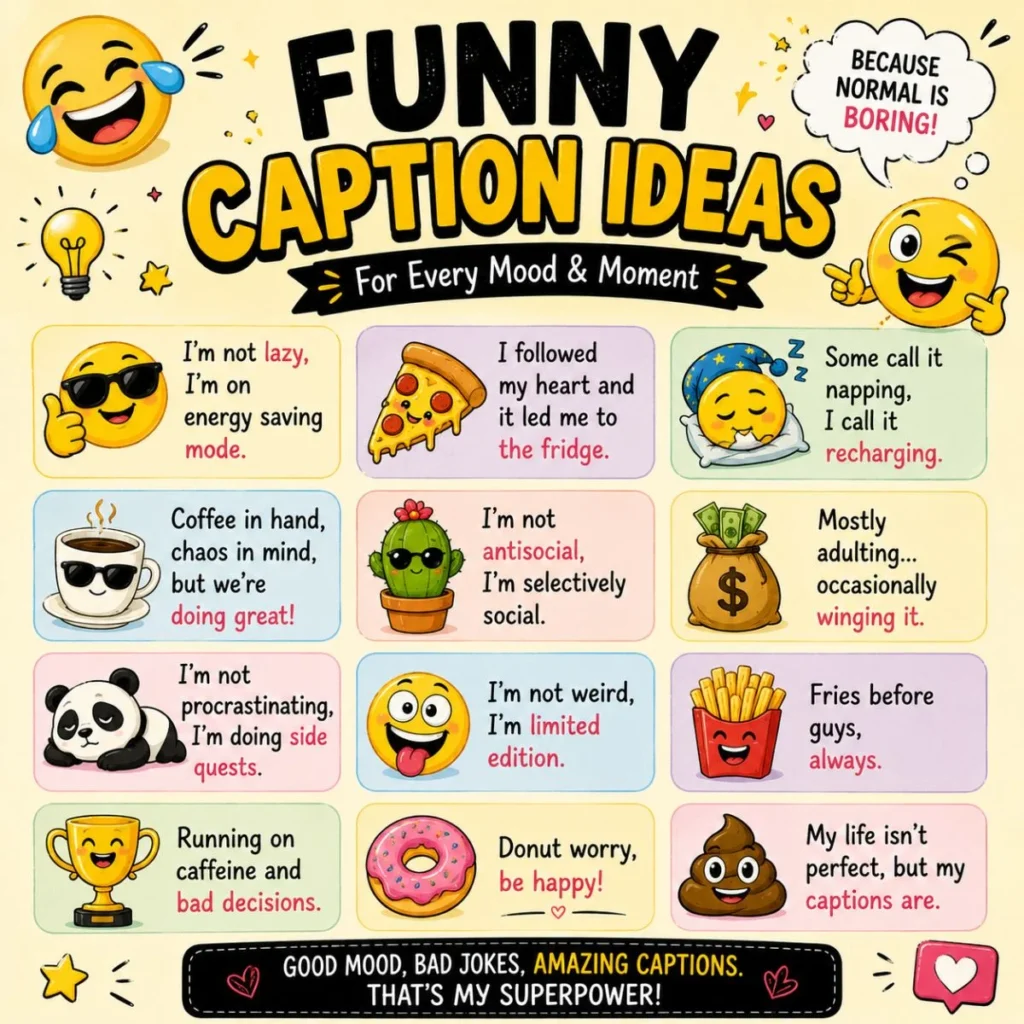 Funny caption ideas infographic with emojis, playful quotes, coffee jokes, and colorful social media captions