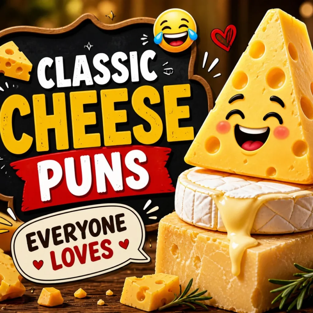 Funny cheese puns poster with smiling cheese stack, melted cheese drip, and playful chalkboard text on warm background