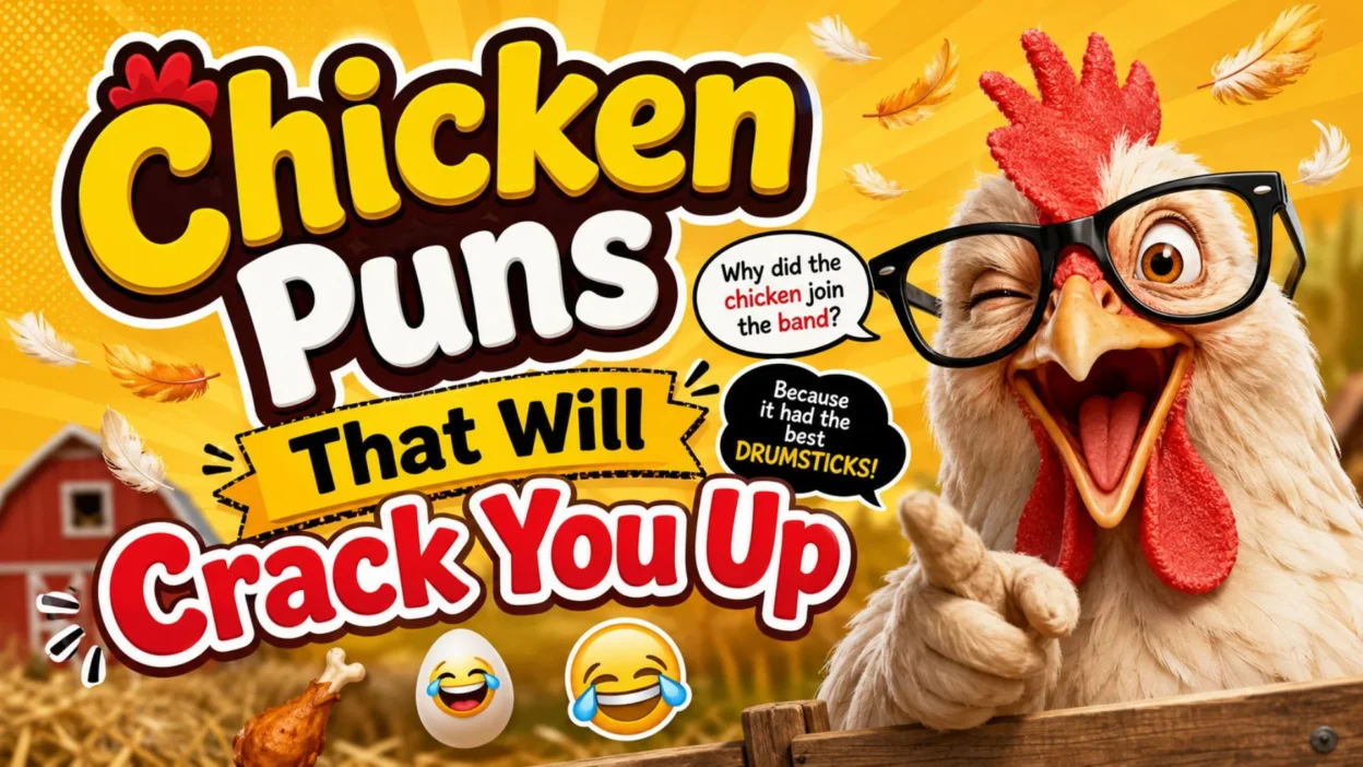 Funny chicken puns thumbnail with laughing chicken, bold text, feathers, and farm background