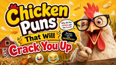 Funny chicken puns thumbnail with laughing chicken, bold text, feathers, and farm background