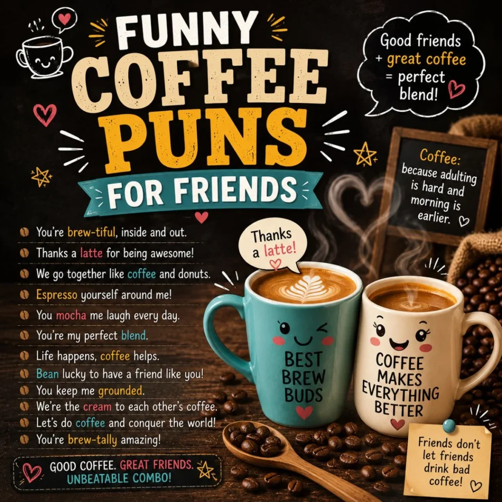 Funny coffee puns for friends poster with cute coffee mugs, coffee beans, and friendship coffee quotes