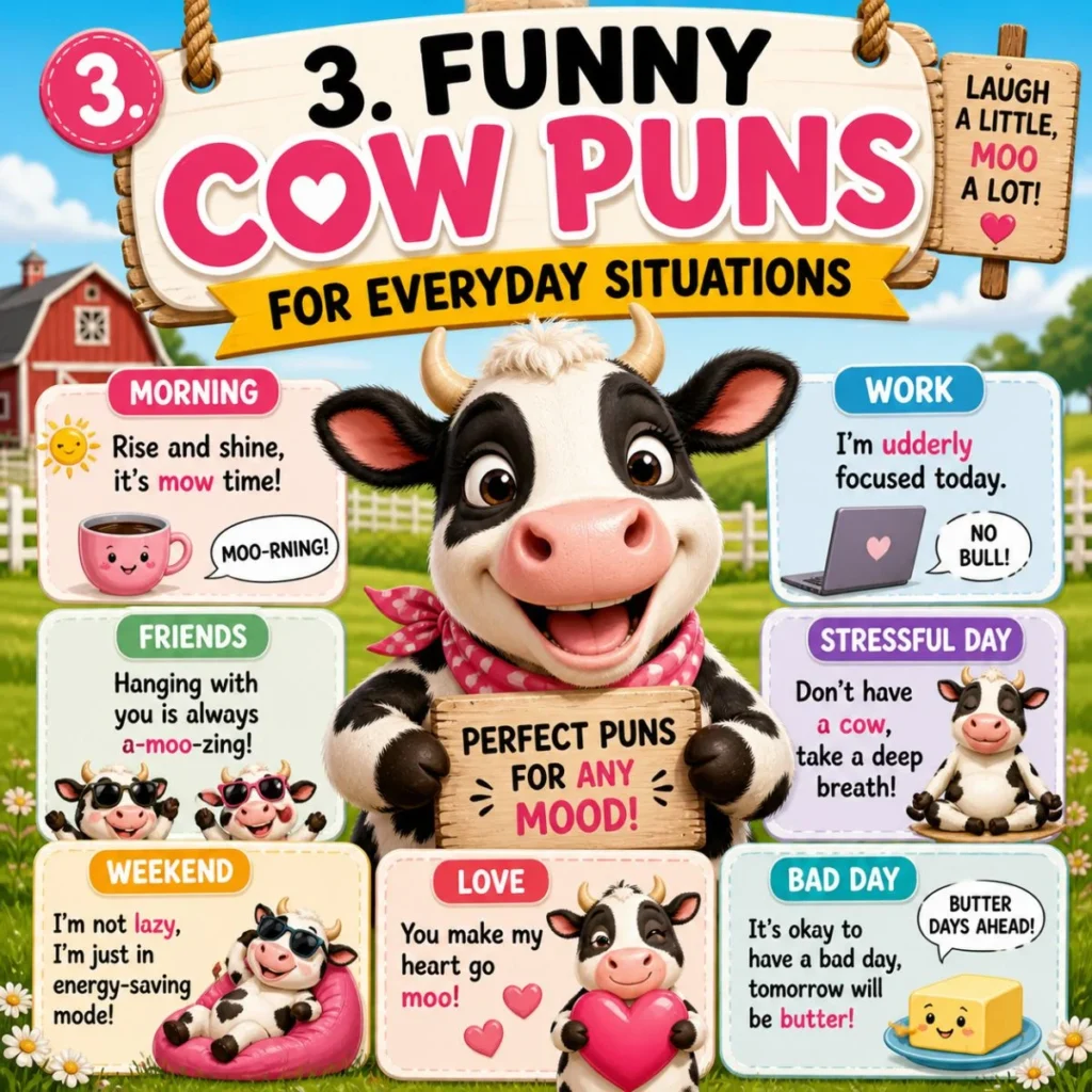 Funny cow puns poster for everyday situations with cartoon cow, farm background, and mood-based joke panels