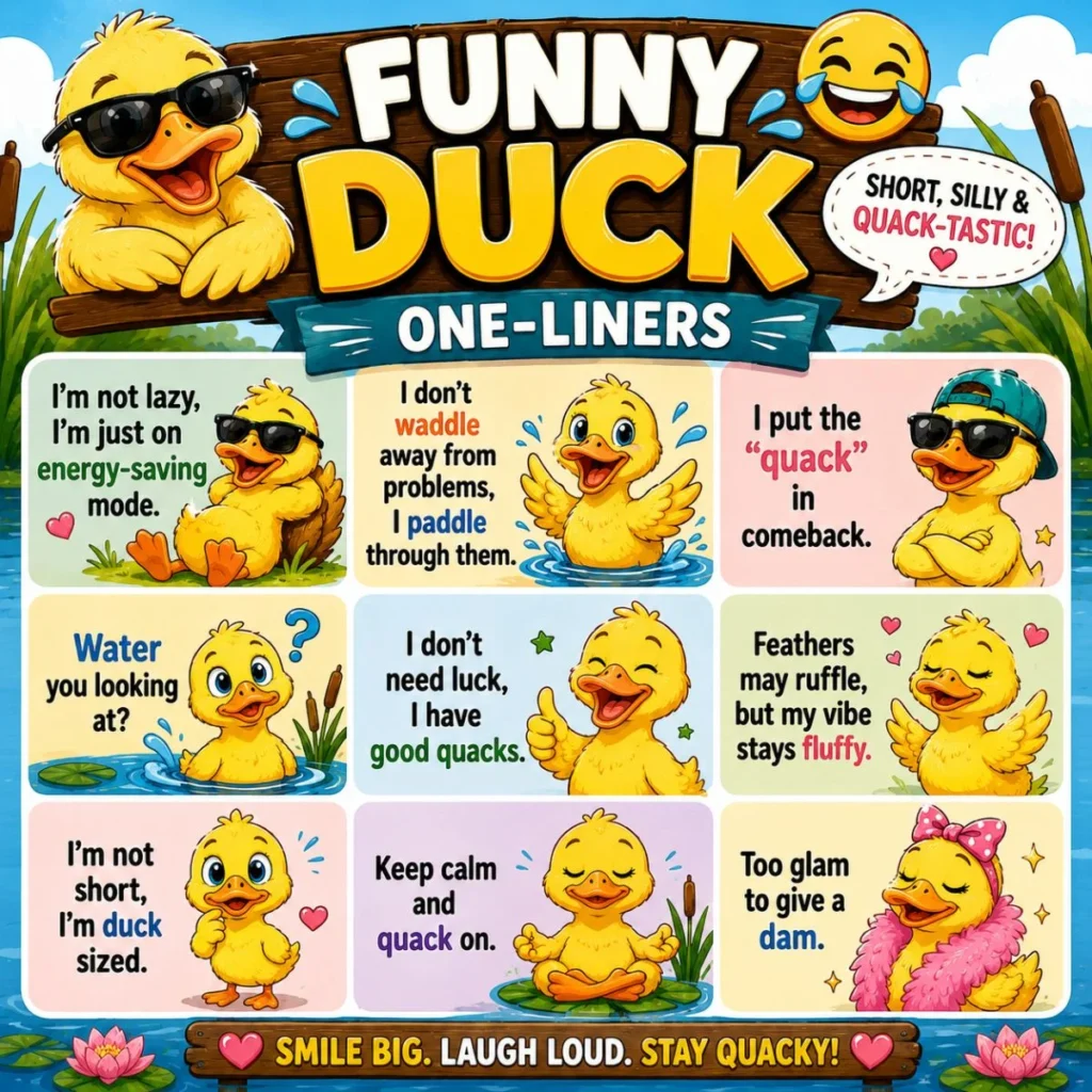 Funny duck one-liners poster with cute cartoon ducks, colorful quack jokes, and playful pond humor