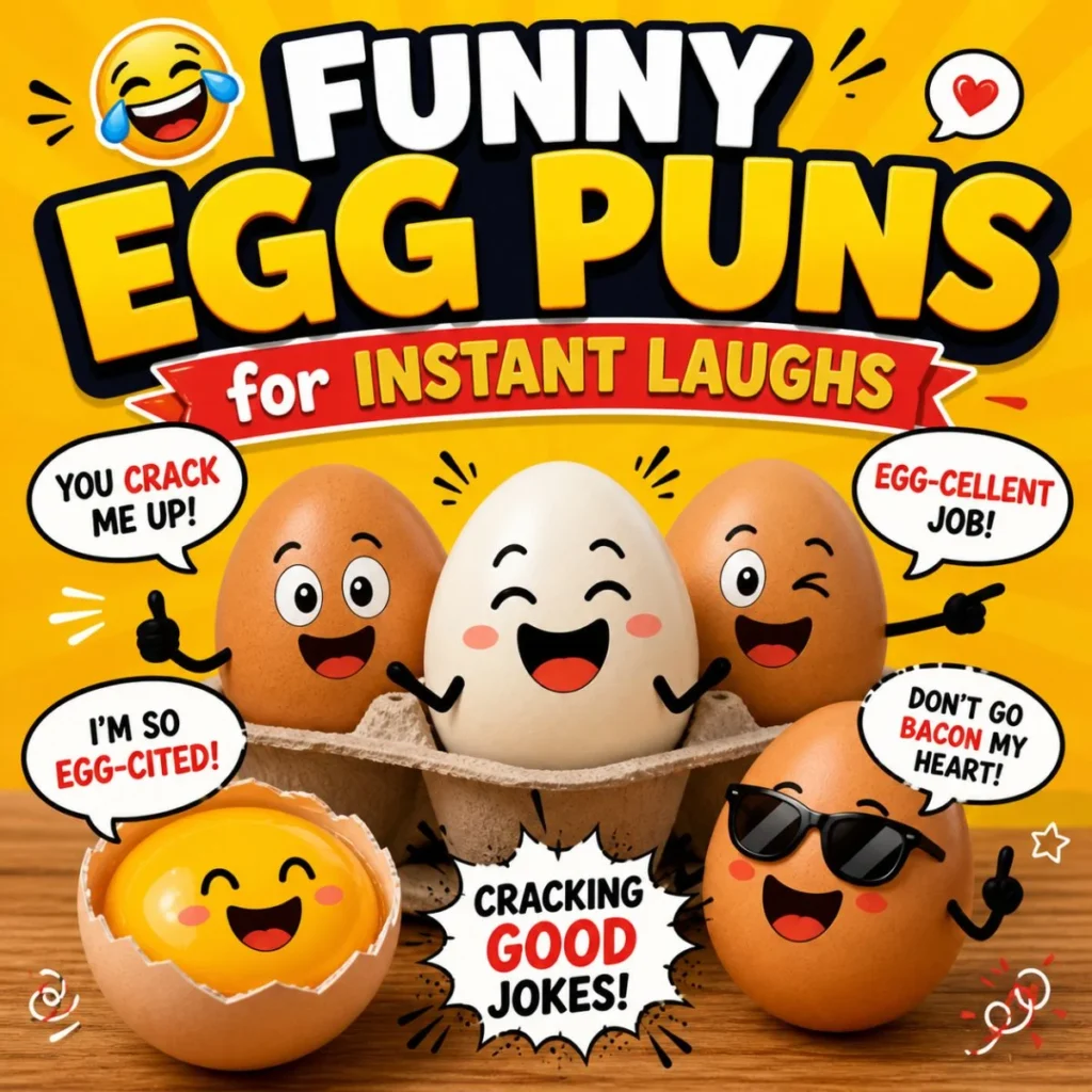 Funny egg puns poster with smiling cartoon eggs, bright background, and speech bubbles with playful egg jokes