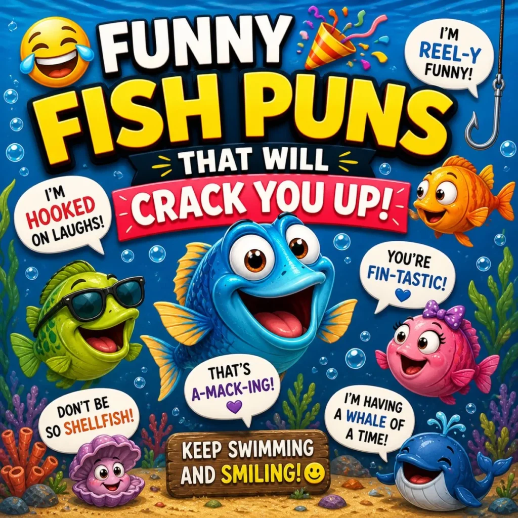 Funny cartoon fish with colorful fish puns like “You’re fin-tastic” and “I’m hooked on laughs” in an ocean scene