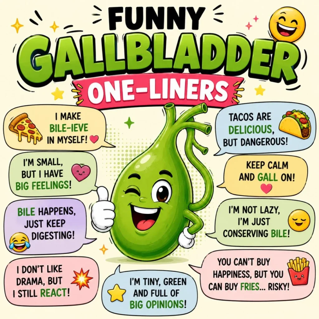Funny gallbladder one-liners cartoon with smiling gallbladder mascot and colorful pun speech bubbles
