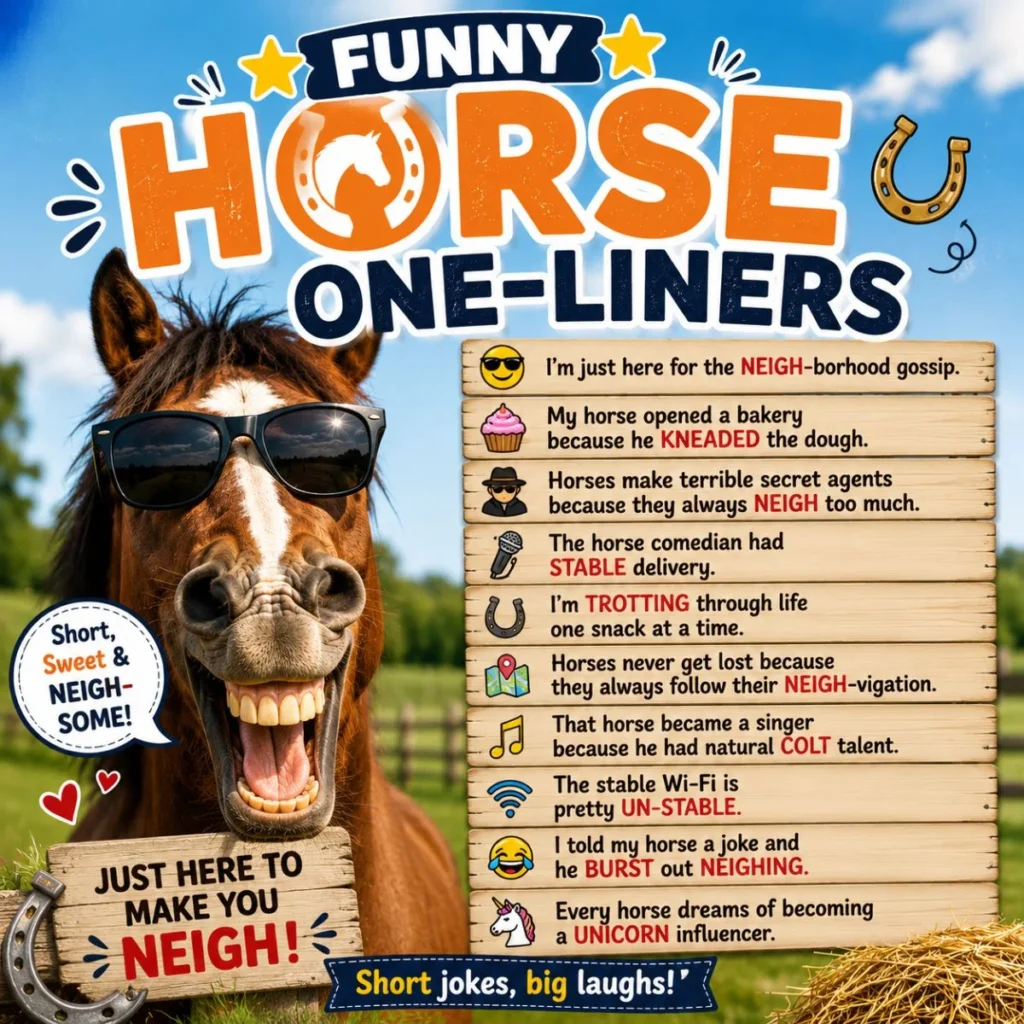 Funny horse wearing sunglasses with horse one-liners list on a bright farm poster