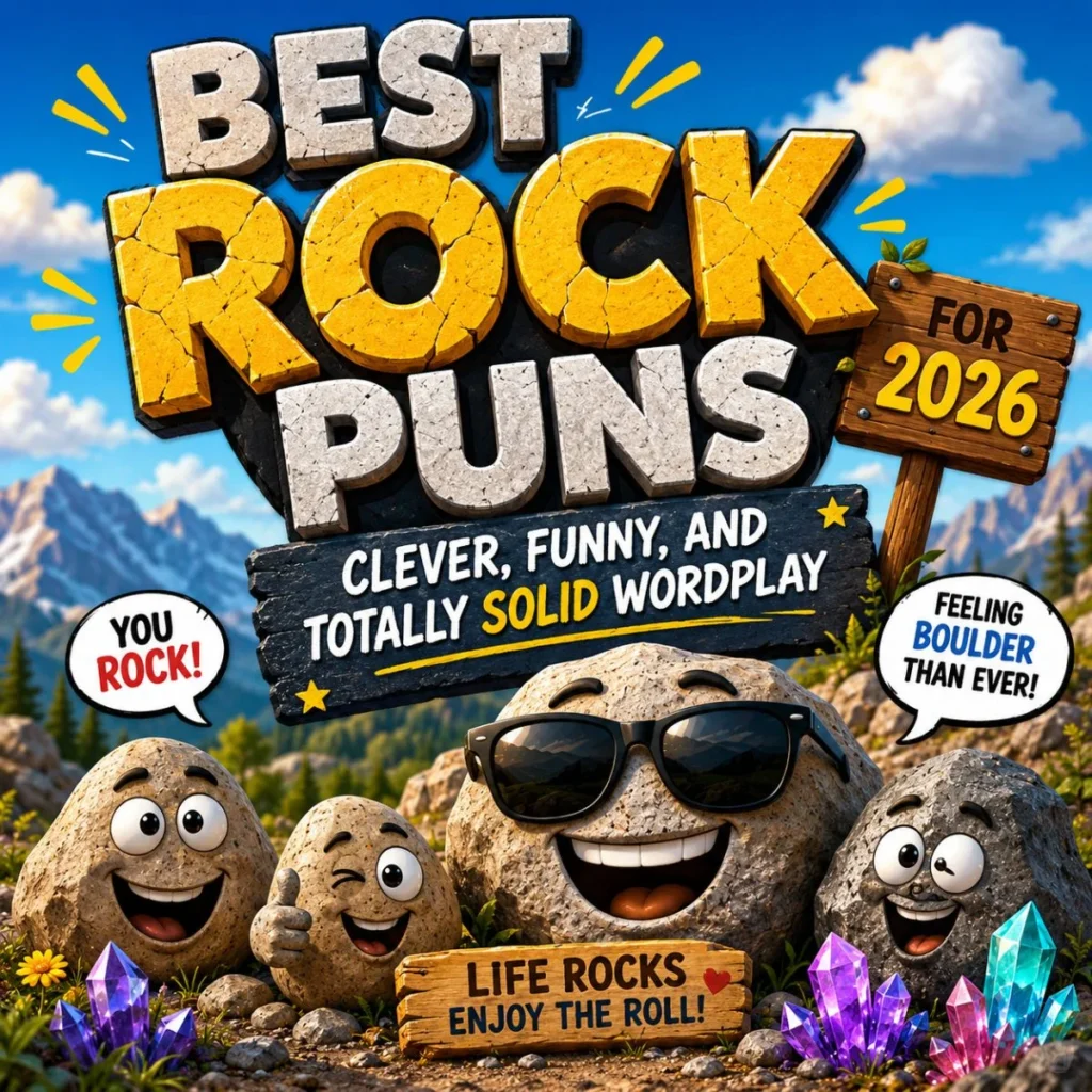 Funny rock puns 2026 image with smiling cartoon boulders, crystals, mountains, and playful bold text