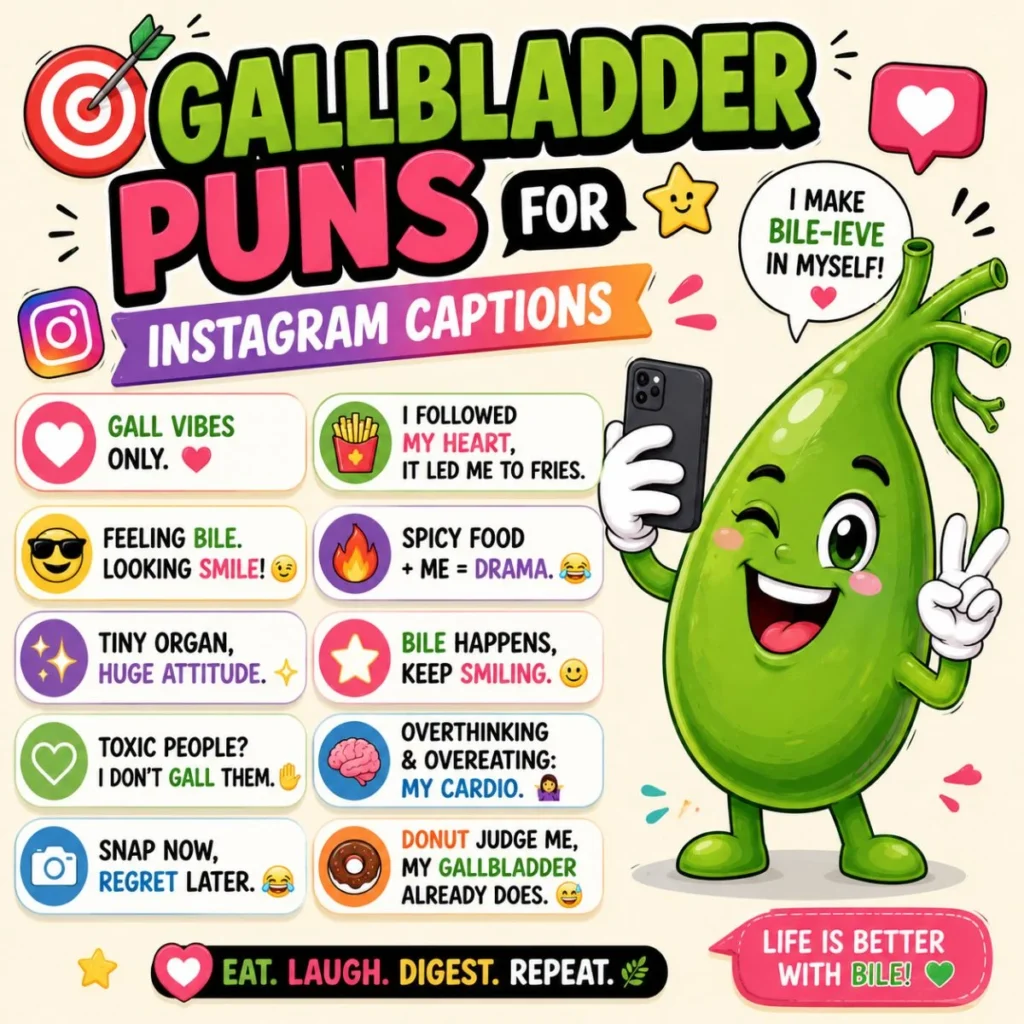 Gallbladder puns for Instagram captions with cool cartoon mascot, speech bubbles, and hashtag design