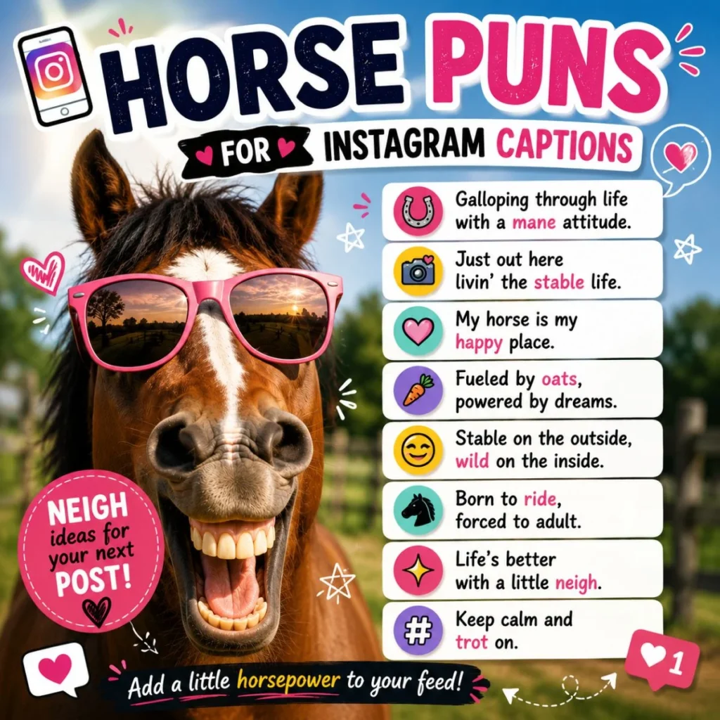 Funny horse wearing pink sunglasses with Instagram horse puns captions poster