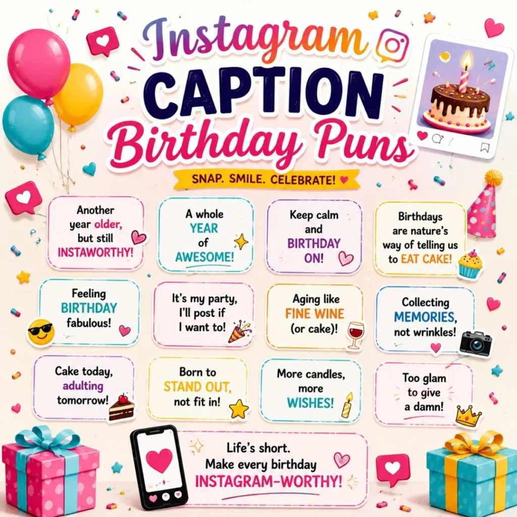 Instagram caption birthday puns graphic with balloons, gifts, cake, and colorful social media birthday quotes