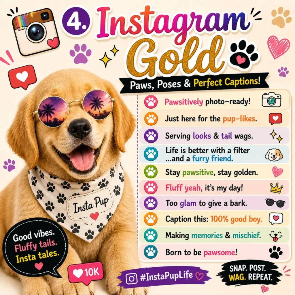 Instagram dog puns poster with golden puppy in sunglasses and funny caption quotes for social media