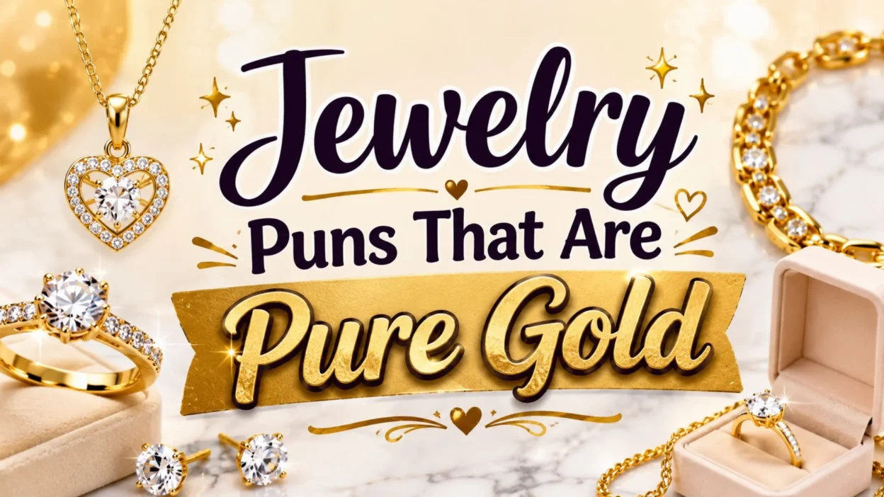 Jewelry puns pure gold design with sparkling rings, gems, and elegant golden style