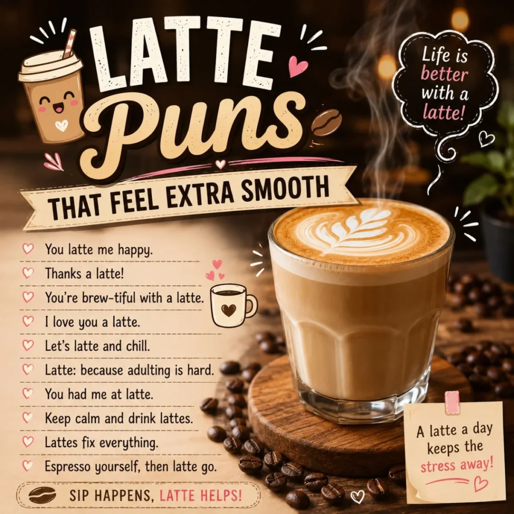 Latte puns poster with latte art coffee, coffee beans, cozy café background, and funny latte quotes