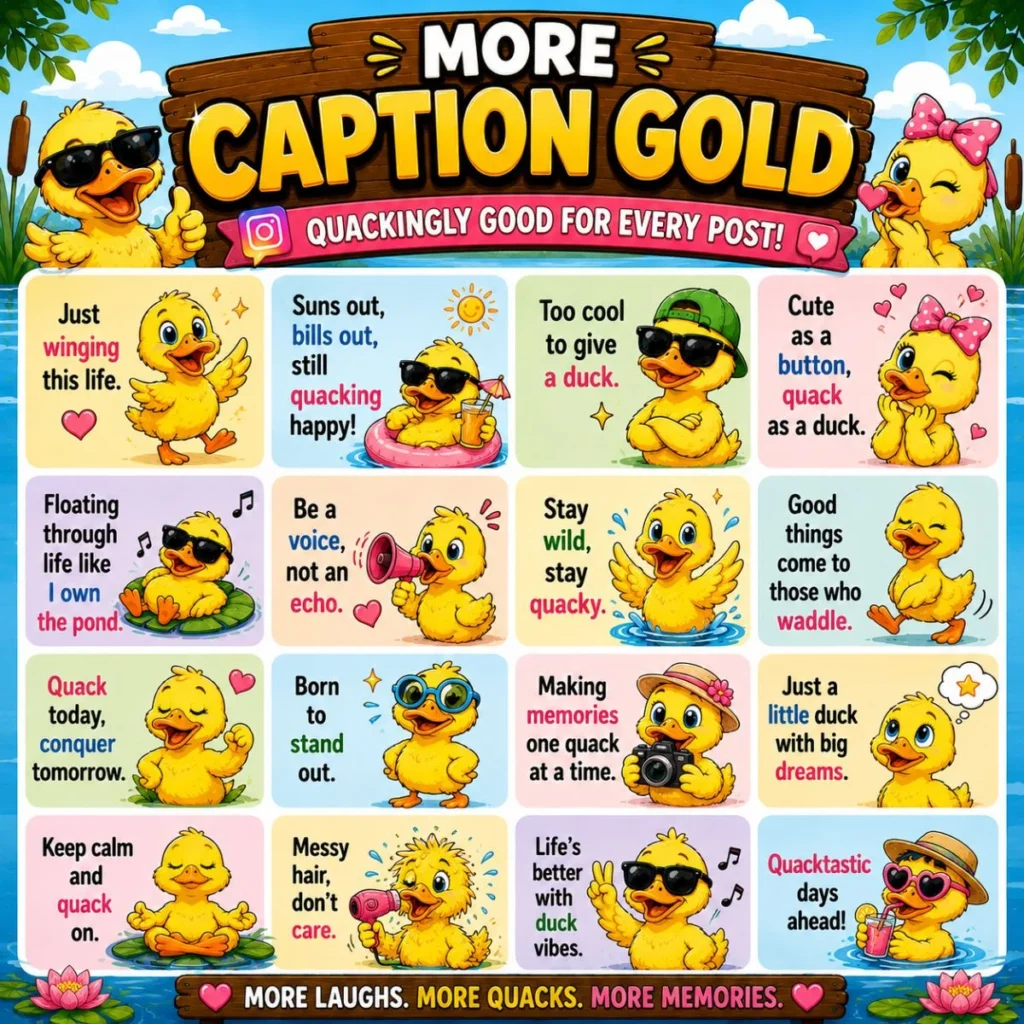 More caption gold duck puns poster with cute cartoon ducklings and funny Instagram-style quack captions