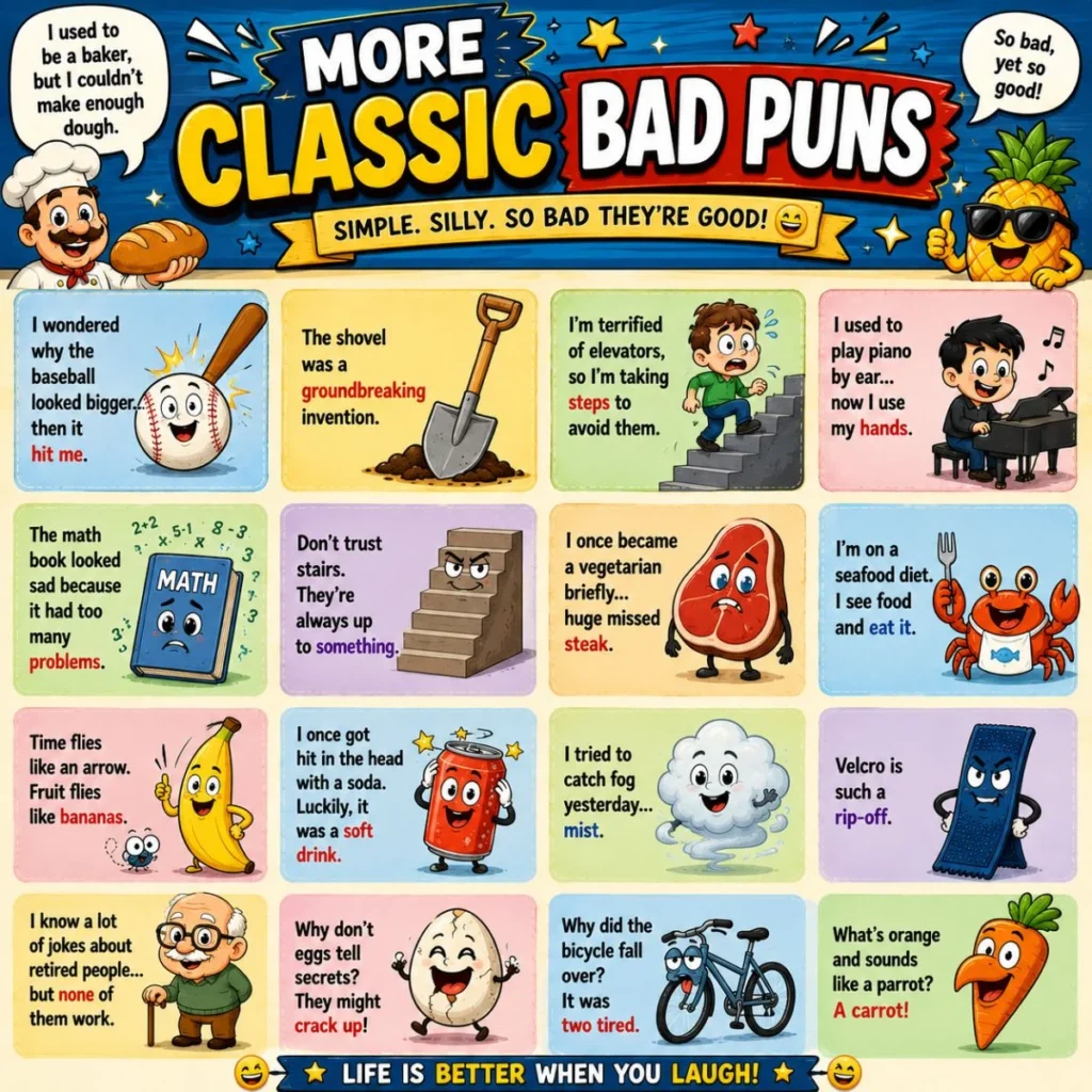 More classic bad puns poster with funny cartoon jokes, colorful comic panels, and cheesy wordplay humor