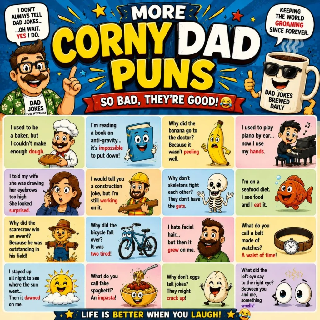 More corny dad puns poster with funny cartoon jokes, cheesy wordplay, and colorful comic-style humor