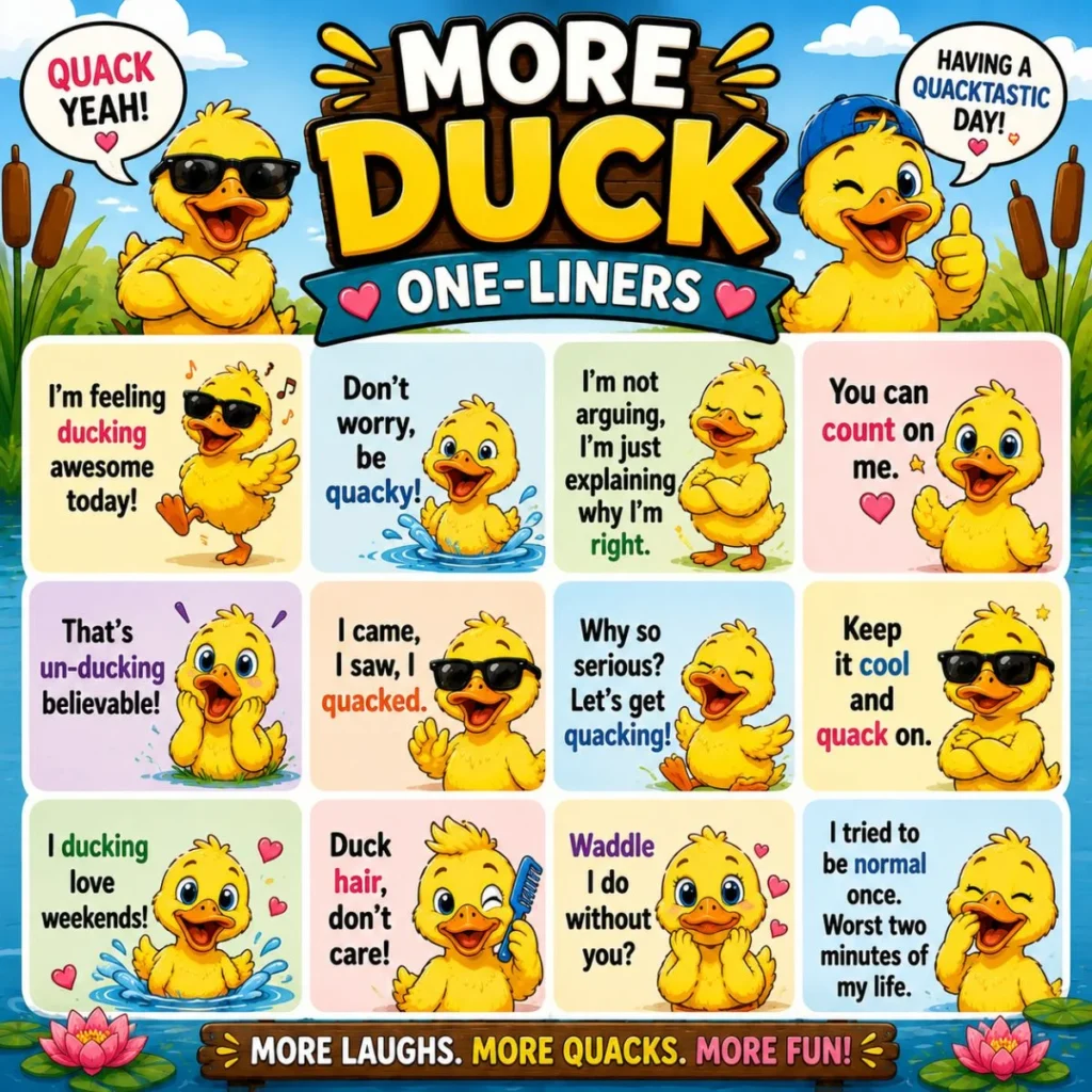 More duck one-liners poster with cute cartoon ducklings, funny quack jokes, and colorful pond humor