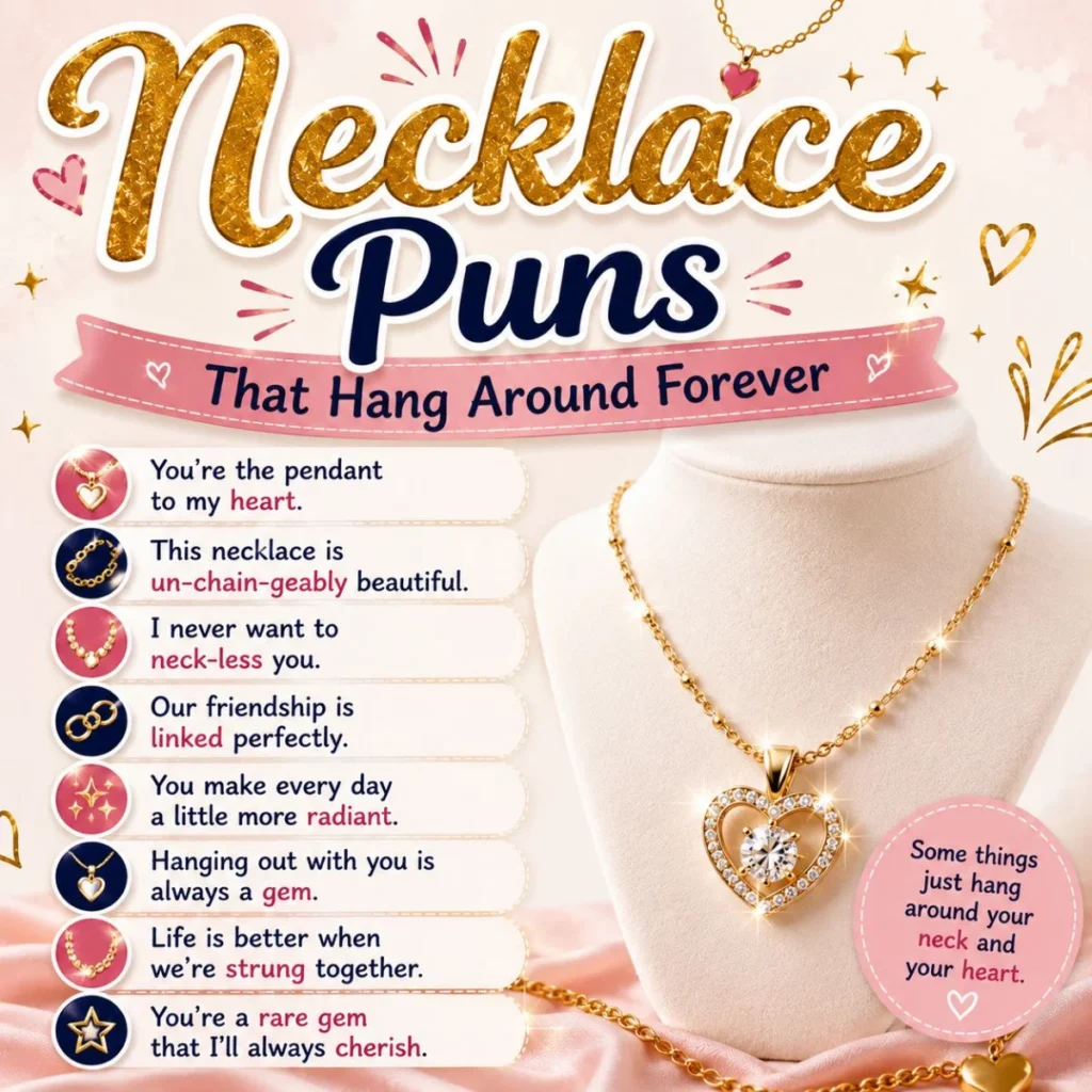 Necklace puns graphic with gold heart pendant, soft pink background, and funny jewelry wordplay