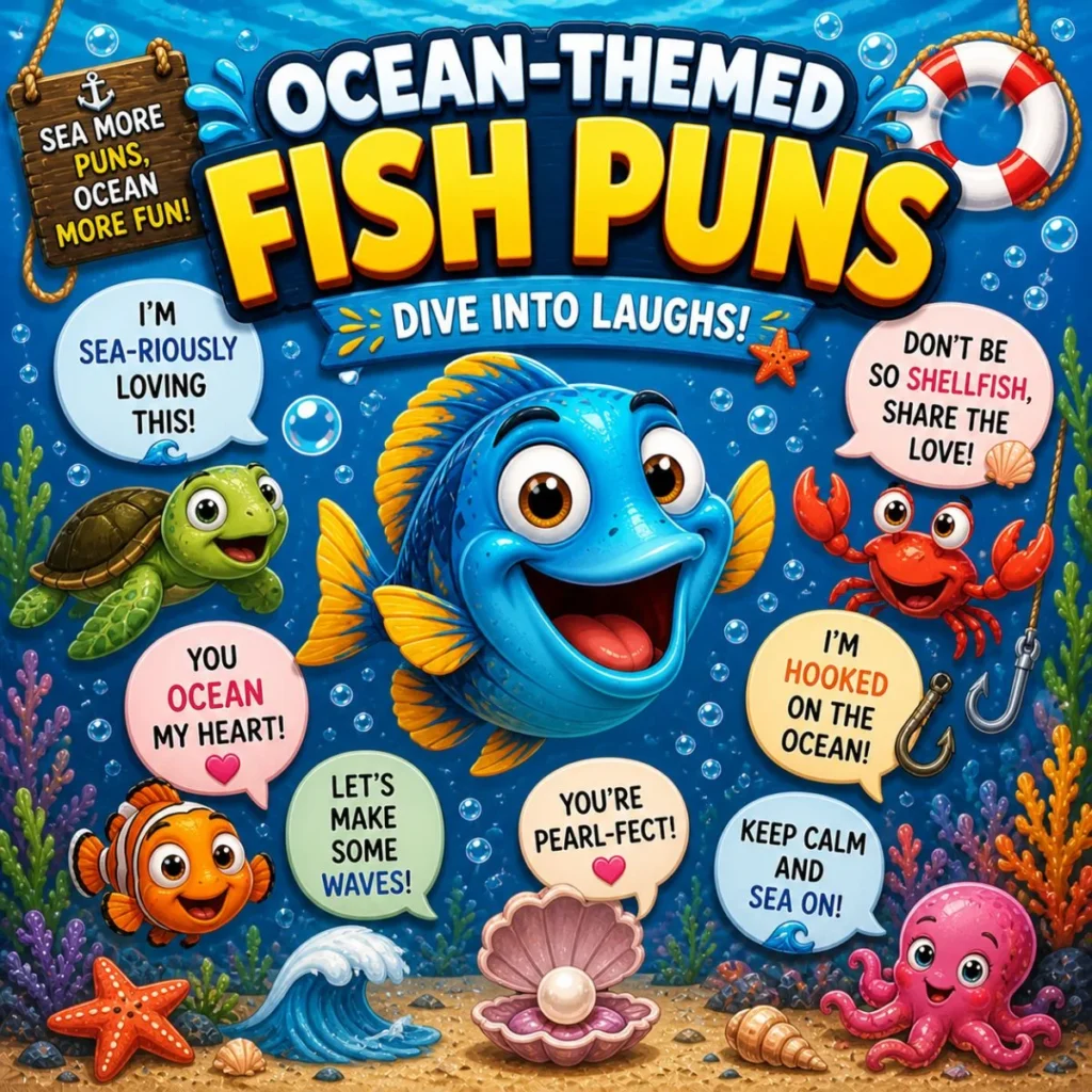 Colorful ocean-themed fish puns with cartoon sea animals like fish, turtle, and crab in a vibrant underwater scene