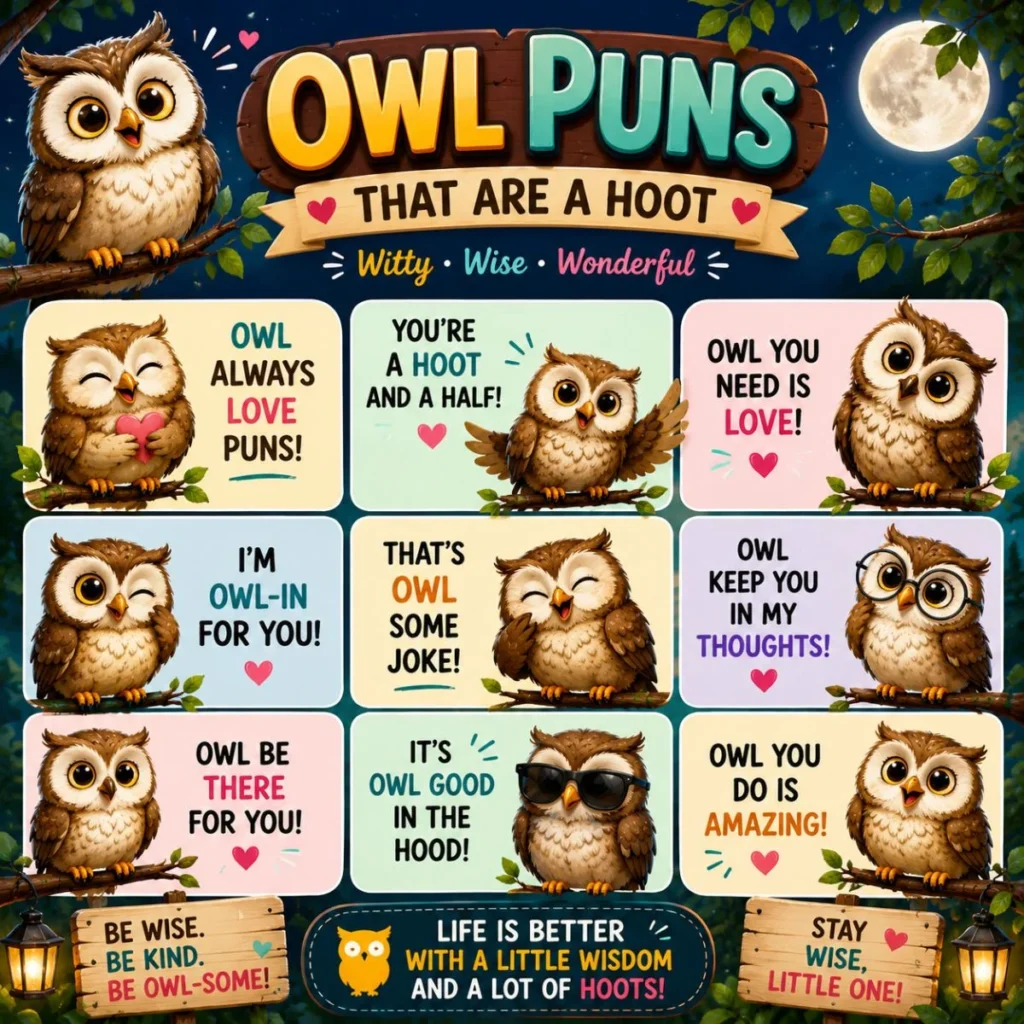 Cute owl puns infographic with funny owl jokes, colorful cartoon owls, and playful bird humor quotes