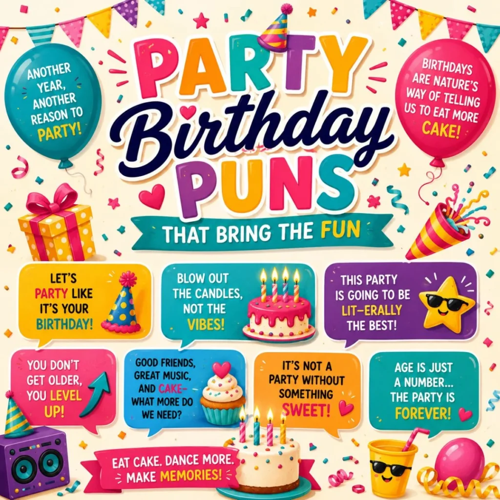 Colorful party birthday puns poster with balloons, cake, confetti, gifts, and funny celebration quotes