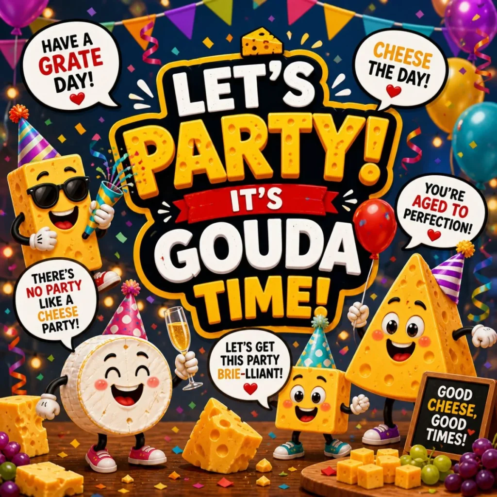 Party cheese puns poster with cartoon cheese characters, confetti, balloons, and funny celebration quotes on dark background