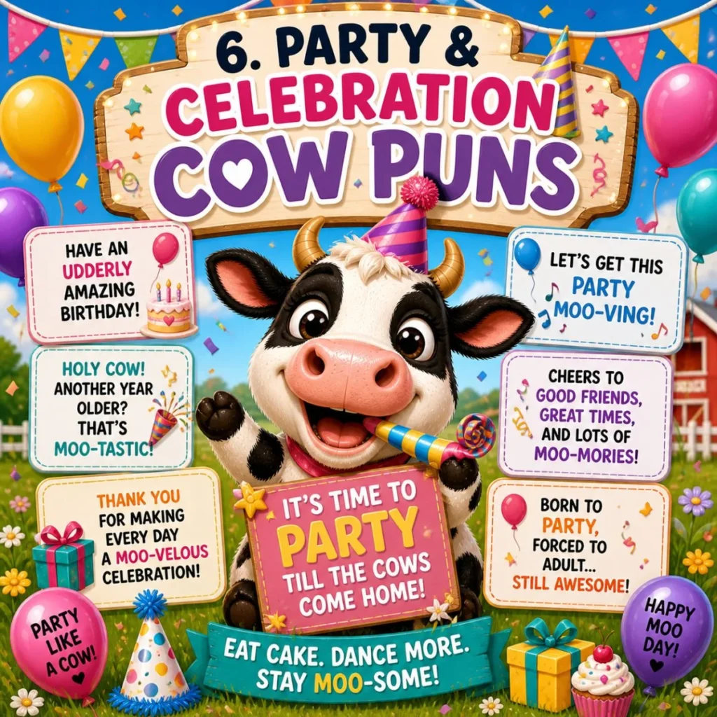 Party cow puns poster with cartoon cow, balloons, confetti, and funny celebration jokes on farm background