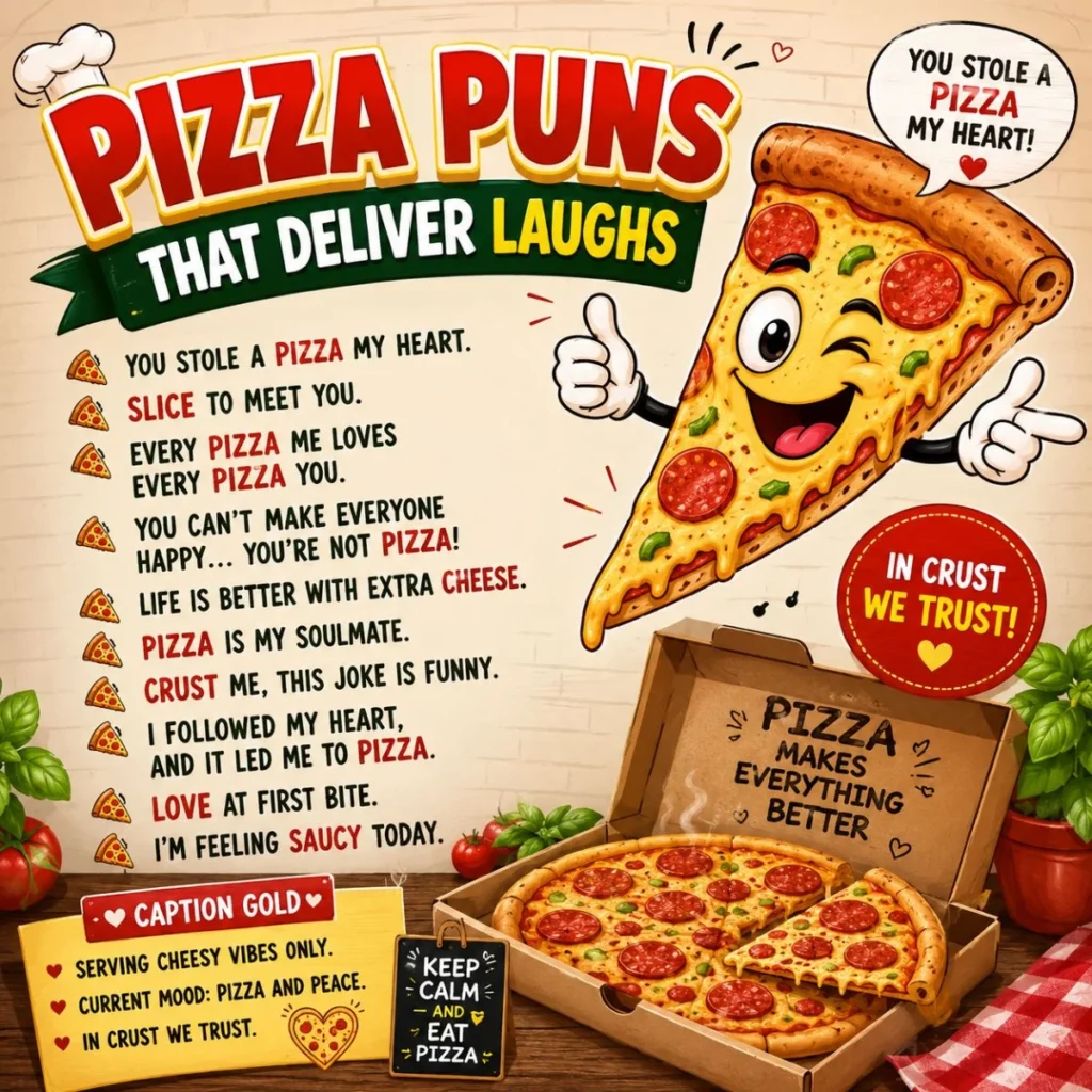 Funny pizza puns poster with cartoon pizza slice, cheesy jokes, and colorful foodie humor design