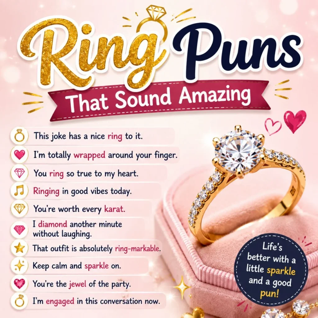 Ring puns graphic with diamond ring, pink jewelry box, and funny sparkling wordplay