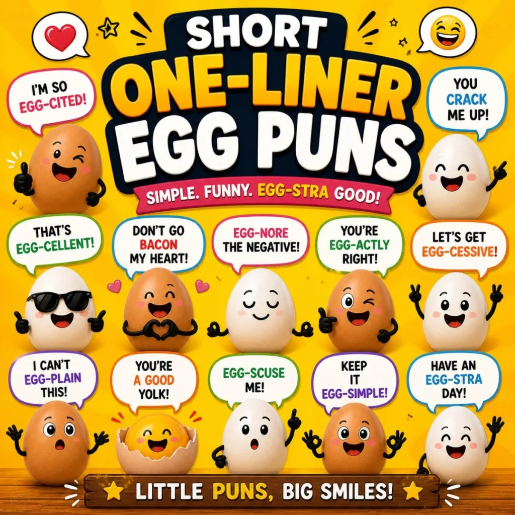 Short one-liner egg puns poster with cartoon eggs, bright background, and simple funny egg jokes in speech bubbles