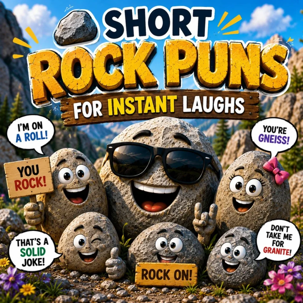 Short rock puns image with happy cartoon boulders, funny speech bubbles, flowers, and mountain background