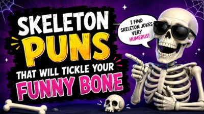 Funny skeleton puns graphic with cartoon skeleton wearing sunglasses and colorful spooky humor text