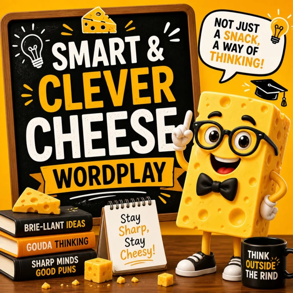 Smart and clever cheese wordplay poster with cartoon cheese teacher, chalkboard text, and playful pun phrases