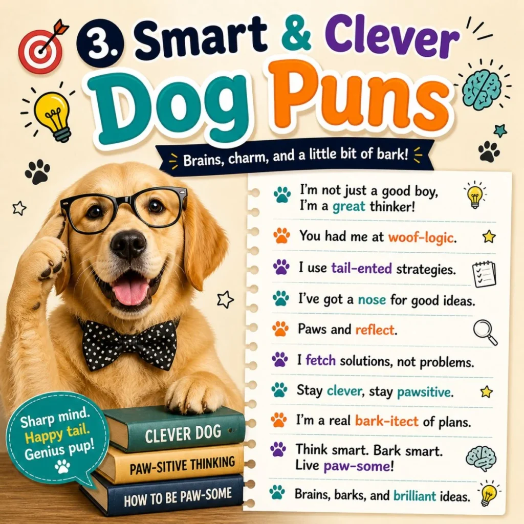 Smart dog puns poster with golden retriever wearing glasses and clever witty quotes in colorful design