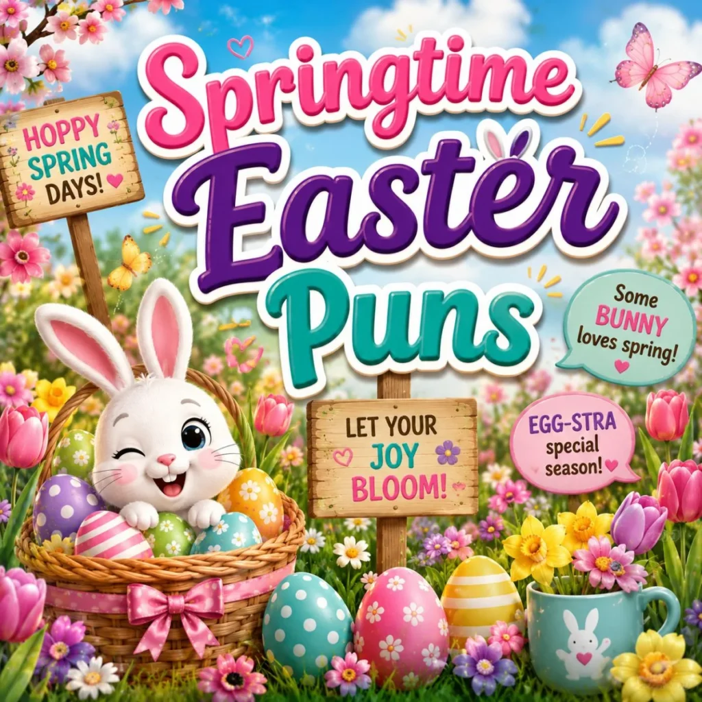 Springtime Easter puns image with bunny, colorful eggs, flowers, butterflies, and cheerful spring wordplay
