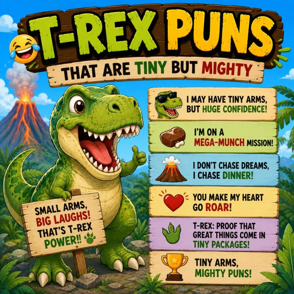 Funny T-Rex puns poster with tiny arms, big laughs, jungle scene, volcano, and playful dinosaur humor