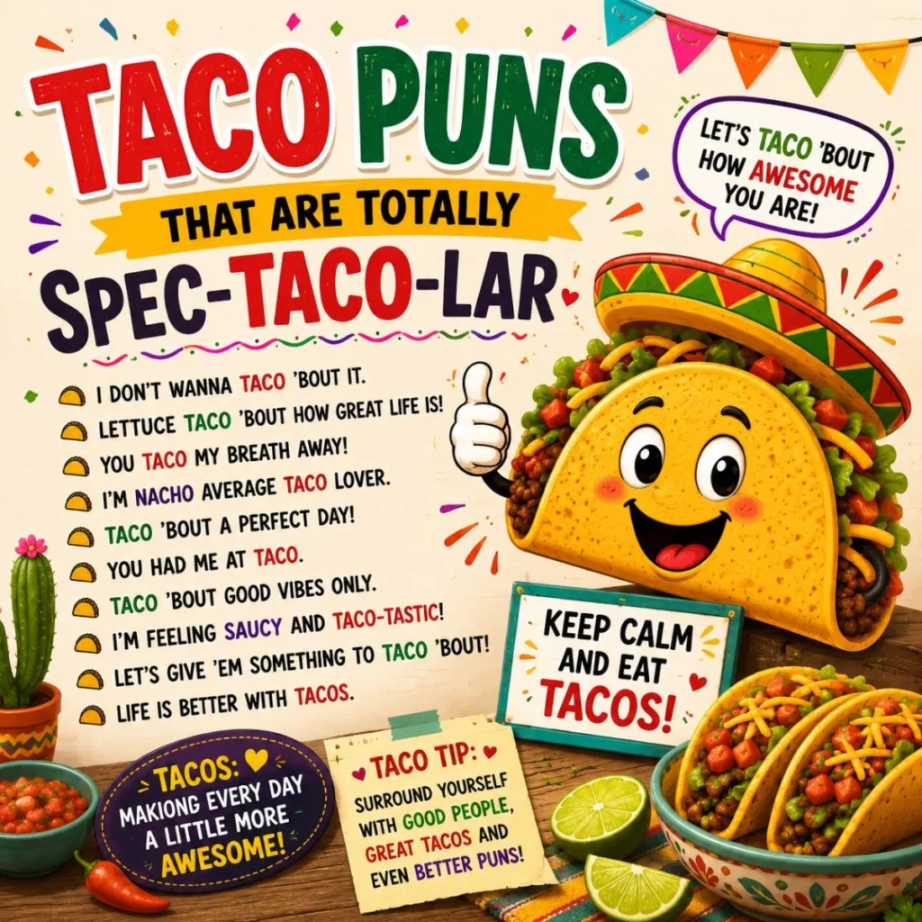 Funny taco puns poster with smiling taco cartoon, colorful fiesta design, and witty taco jokes