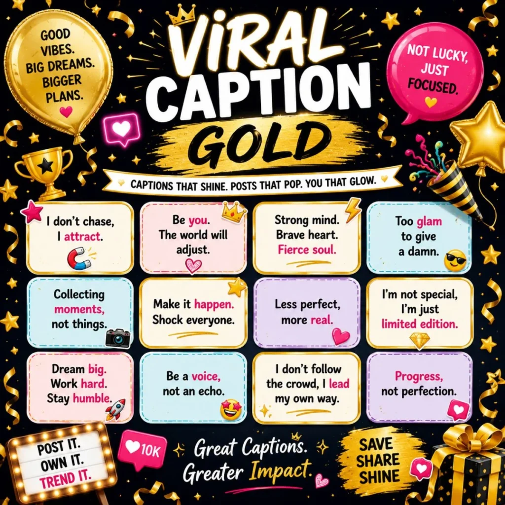 Viral caption gold graphic with stylish quotes, balloons, social media icons, and motivational party captions