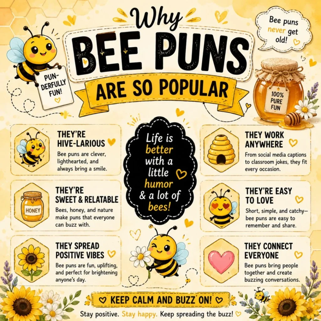 Why bee puns are so popular infographic with cute bees, honey jars, sunflowers, and funny bee humor quotes