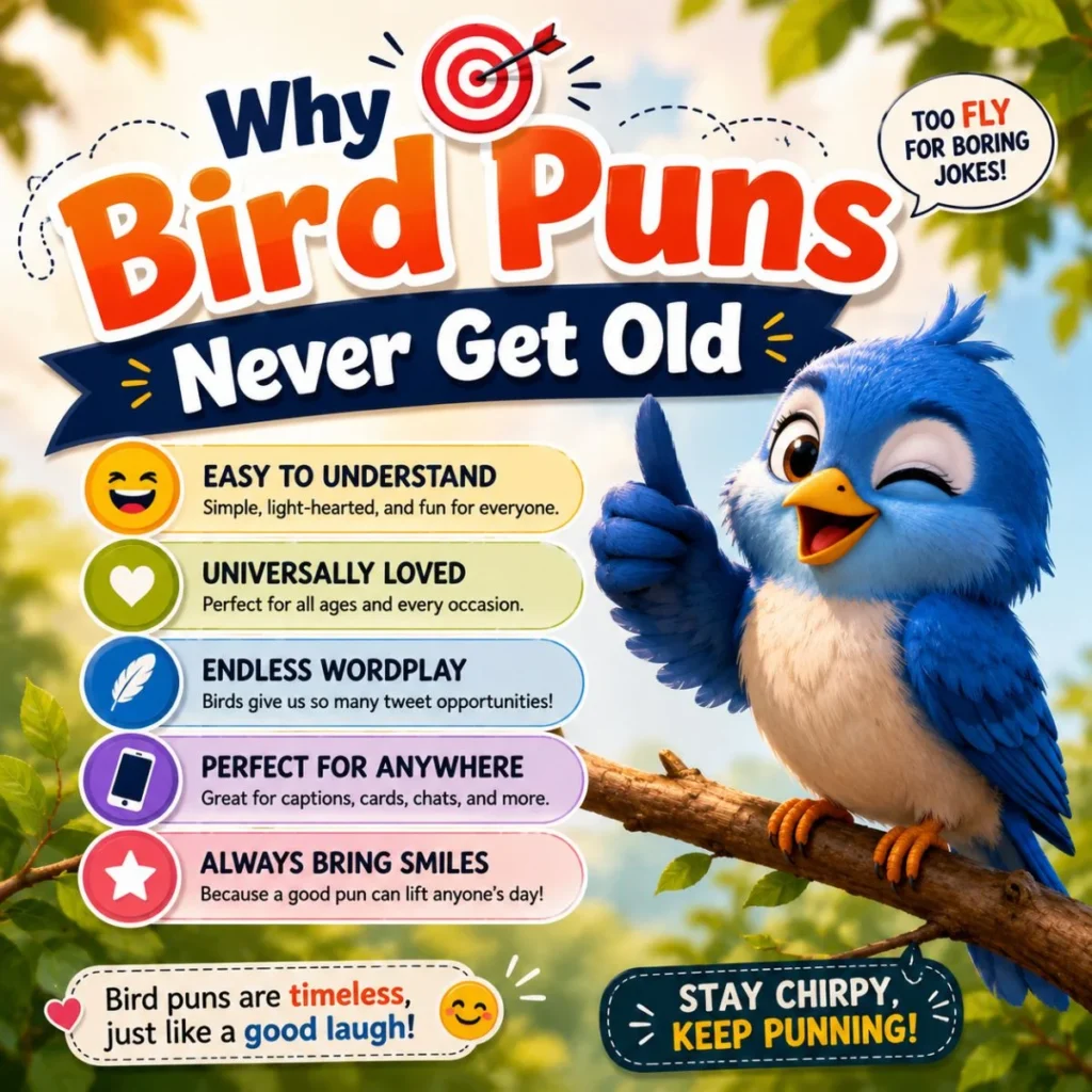 Colorful bird puns infographic with cute blue bird explaining why funny bird jokes never get old