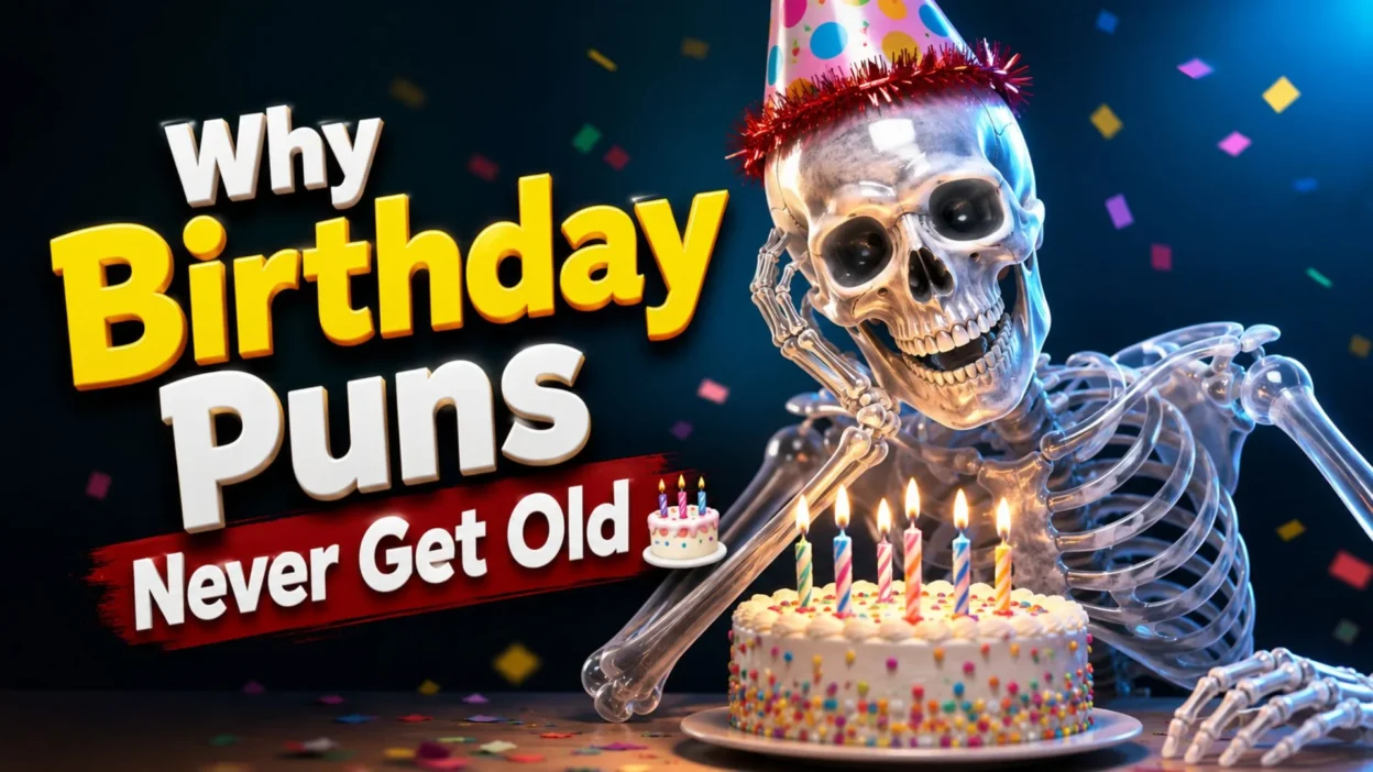 Transparent skeleton celebrating with birthday cake and candles beside colorful “Birthday Puns Never Get Old” text