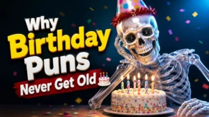Transparent skeleton celebrating with birthday cake and candles beside colorful “Birthday Puns Never Get Old” text