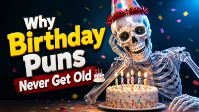 Transparent skeleton celebrating with birthday cake and candles beside colorful “Birthday Puns Never Get Old” text
